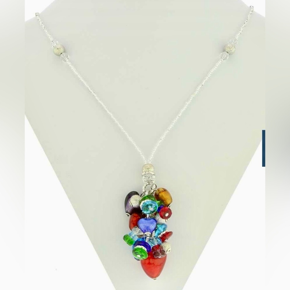 Murano Glass Donatella Heart Charms Necklace Made In Italy